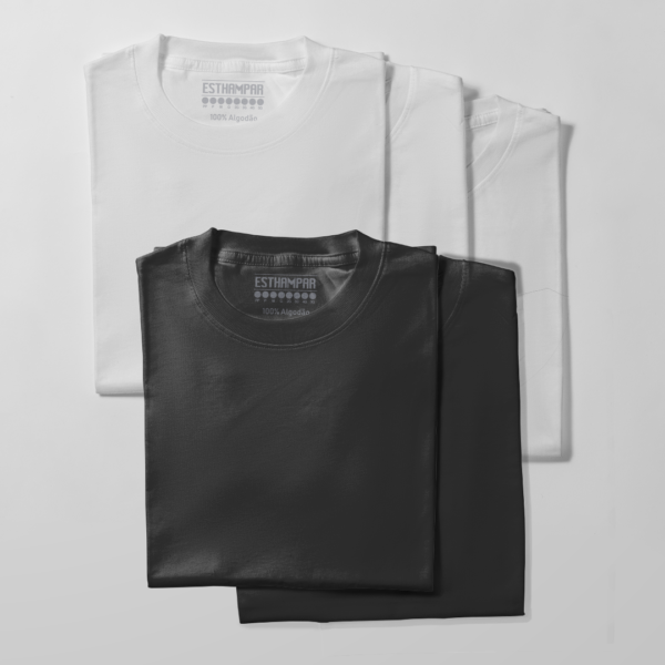 Kit de 5 camisetas de algodão - 3 Peças brancas e 2 Peças pretas